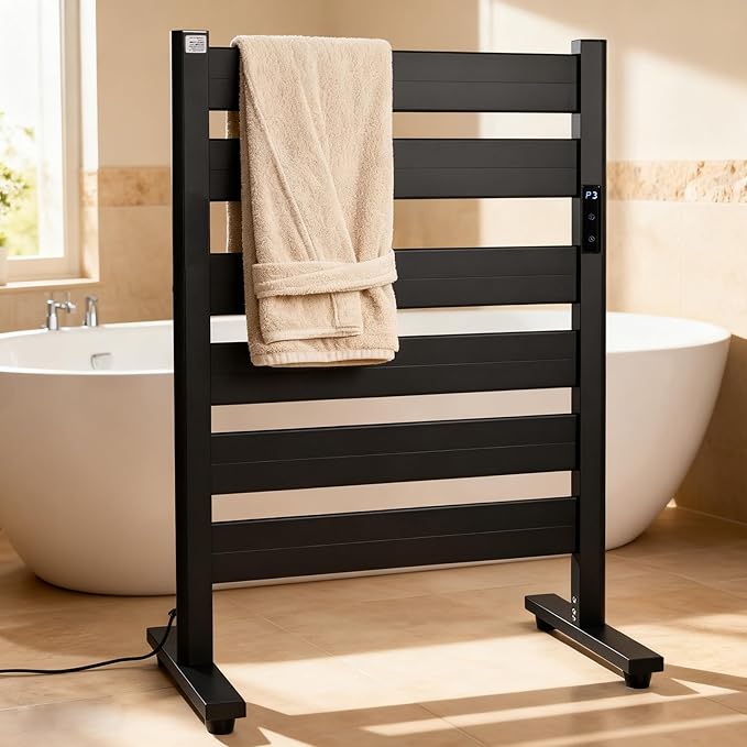 Heated Towel Racks for Bathroom, Towel Warmer Rack, 6-Bar, Upgraded Extra-Wide Heating Area, Built-in Timer and Temperature Adjustment, Large Free-Standing Heated Towel Rack，Matte Black