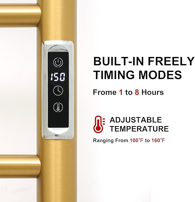 Heated Towel Racks for Bathroom, Wall Mounted Electric Towel Warmer Racks with Timer & Temperature Control, Stainless Steel Towel Heater for Bathroom (Round-Gold, 8 Bars)