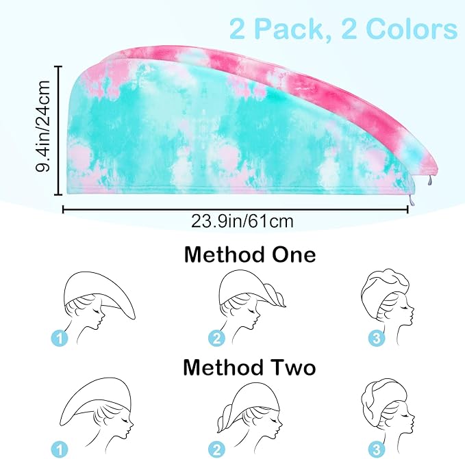 Basumee Microfiber Hair Towel Wrap for Kids 2 Pack Rapid Drying Hair Towel with Button Hair Turbans for Wet Hair Wraps Head Towel Wrap for Women and Girls