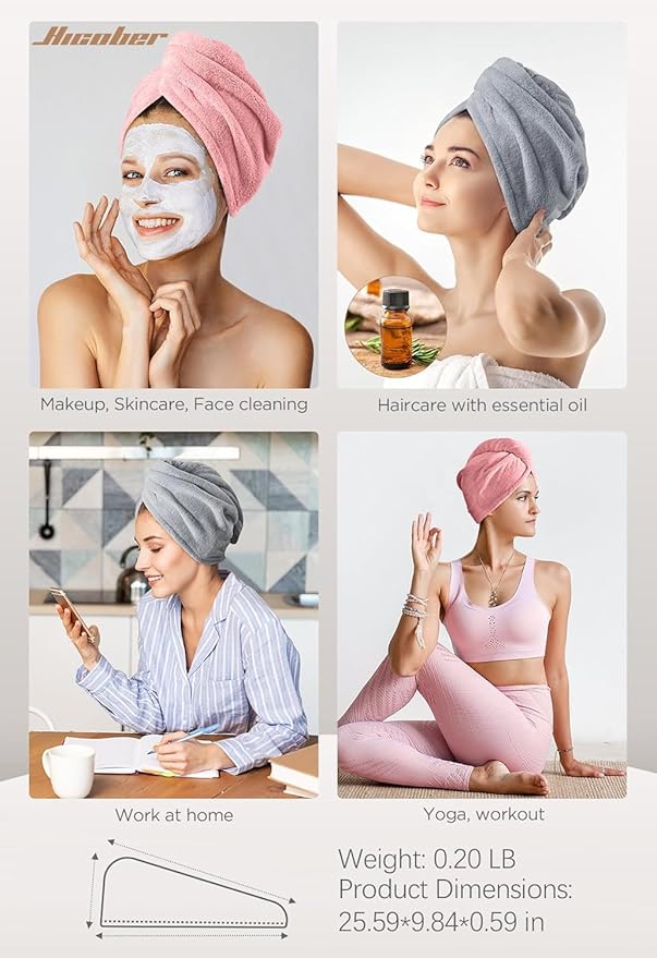 Hicober Microfiber Hair Towel, 2Packs Hair Turbans for Wet Hair, Drying Hair Wrap Towels for Curly Hair Women Anti Frizz(Pink,Grey)