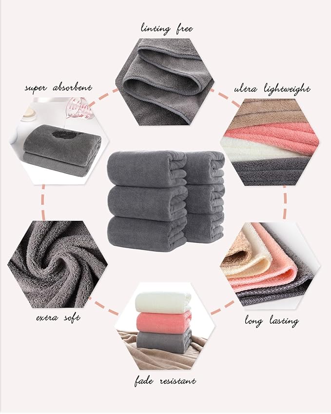 Lumimi Towels 6 Piece Soft Microfiber Bath Towel Set Salon Gym Yoga Travel Incredibly Absorbent Lightweight Quick Dry and Durable, 55" L x 27" W, Big 6 Pack Dark Grey