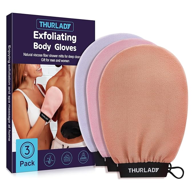 Exfoliating Glove, Korean Exfoliating Mitt Body Scrubber Exfoliator, 3 Pack Viscose Fiber Bath Shower Scrub Gloves, Dead Skin Remover for Body, Smoother Skin and Self-Tan Removal & Prep