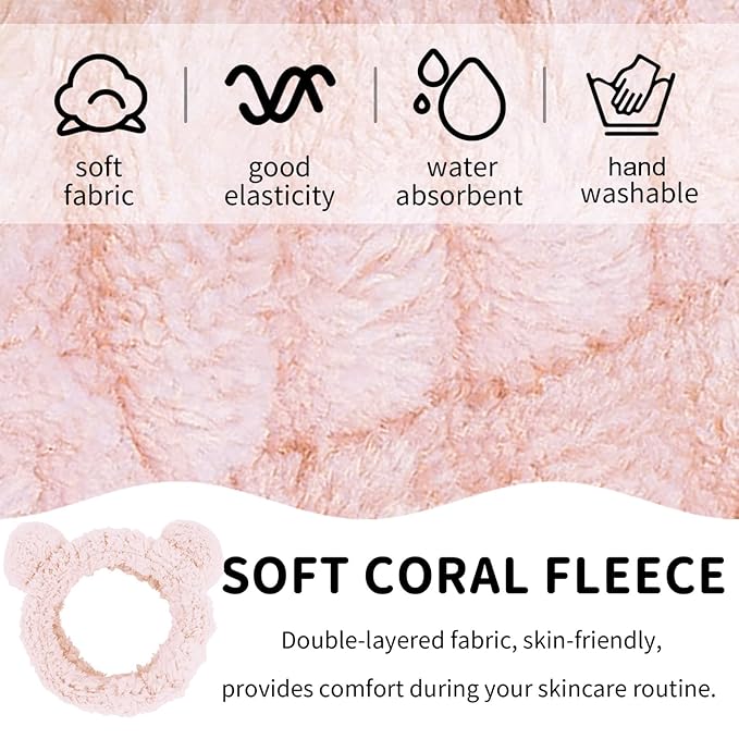 WHAVEL 2PCS Spa Headband - Cute Bear Ears Makeup Headband for Face Wash, Soft Facial Hair Band (Pink, Coffee)