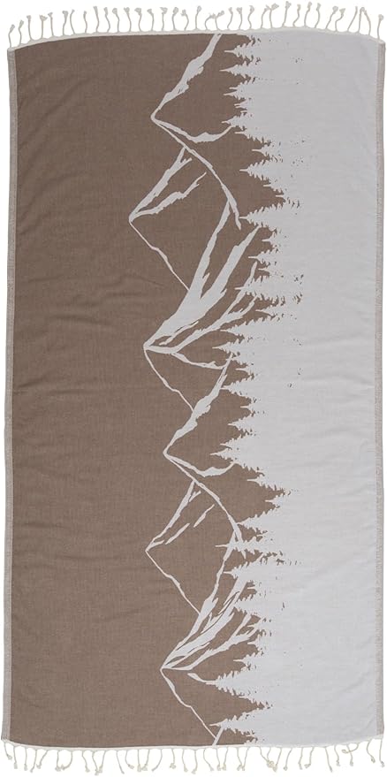 InfuseZen Turkish Towel with Mountain Landscape – 100% Organic Turkish Cotton - Sand Free Quick Dry Beach Peshtemal – Thin Reversible Absorbent Pool Hammam – Plus Size Gym, Travel Fouta (Brown)
