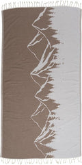 InfuseZen Turkish Towel with Mountain Landscape – 100% Organic Turkish Cotton - Sand Free Quick Dry Beach Peshtemal – Thin Reversible Absorbent Pool Hammam – Plus Size Gym, Travel Fouta (Brown)
