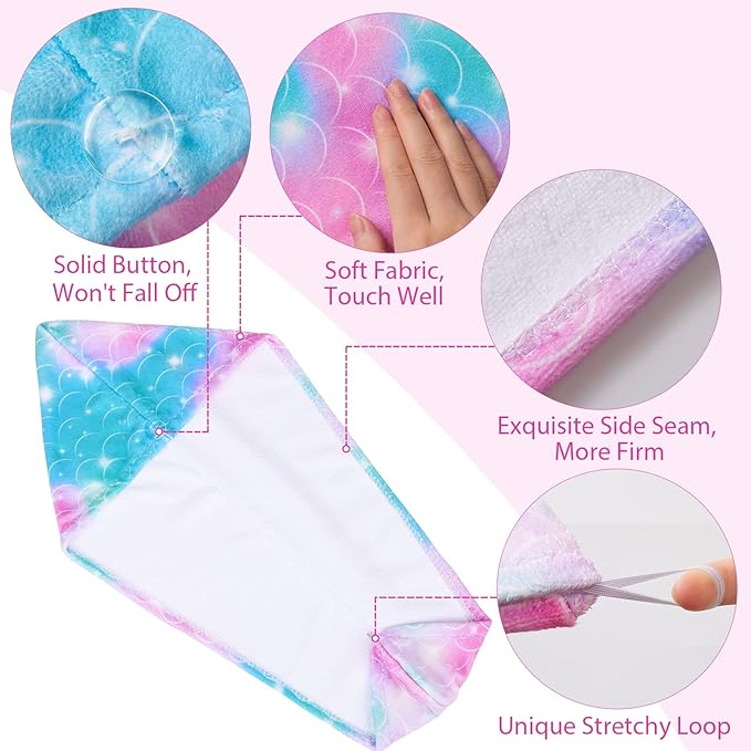 Basumee Microfiber Hair Towel Wrap for Kids 2 Pack Rapid Drying Hair Towel with Button Hair Turbans for Wet Hair Wraps Head Towel Wrap for Women and Girls, Light Mermaid