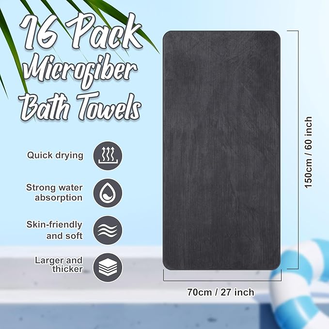 SmoothNovelty 16 Pack Microfiber Bath Towels Bulk 27'' x 60'' Oversized Size Bath Towel Highly Absorbent Extra Large Soft Drying for Beach Shower Summer Salon Sport Gym Party (Stripe,Deep Grey)