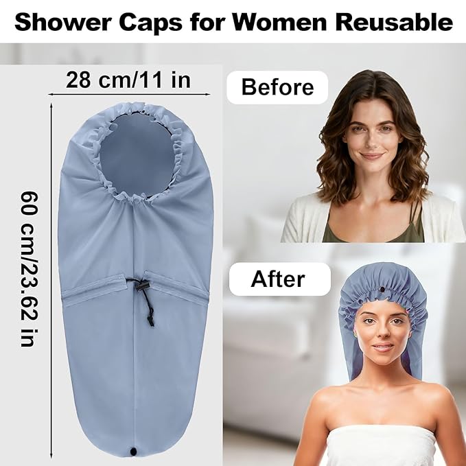 ELEBOX Extra Large Shower Cap for Braids/Curly Hair/Dreadlock | Reusable Waterproof Long Bonnets for Women Bath/Swim/Cooking/Cleaning/Spa | XL Bathing Cap with Adjustable Drawstring & Button, Grey