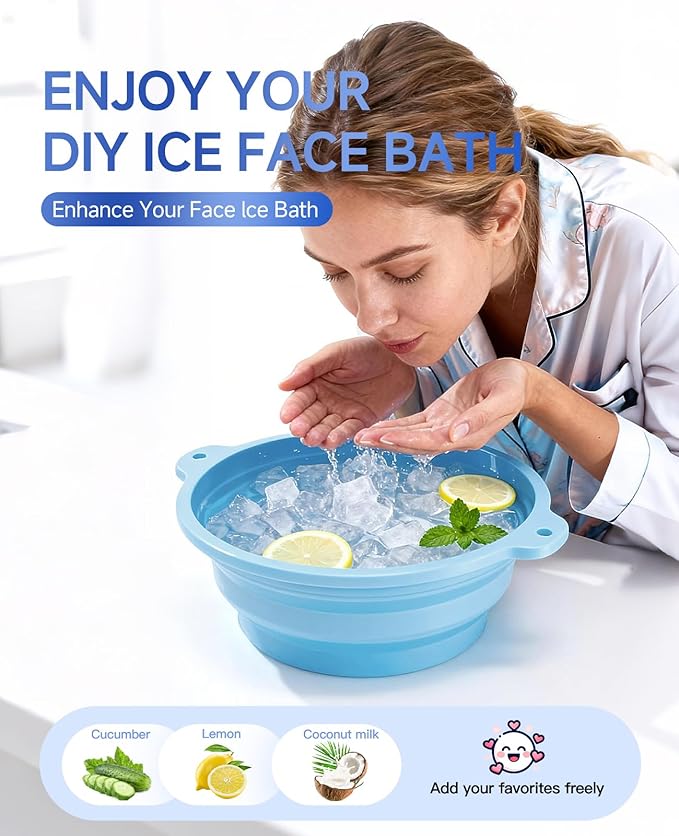 Face Ice Bath Bowl with Built-in Ice Tray, Foldable Silicone Face Bowl for Ice, Reusable Ice Facial Bowl for Puffiness Reduction, Skin Tightening, Acne Relief, Portable Spa Tool for Home, Travel