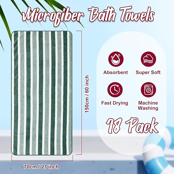 SmoothNovelty 18 Pack Microfiber Bath Towels Bulk 27'' x 60'' Oversized Size Bath Towel Highly Absorbent Extra Large Soft Drying for Beach Shower Summer Salon Sport Gym Party (Stripes,Neutral)