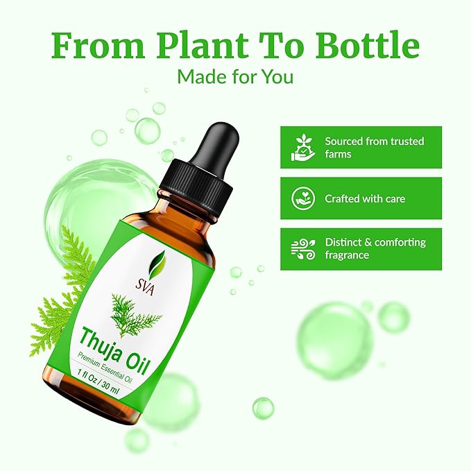 SVA Thuja Essential Oil – 1 Fl Oz – 100% Natural Thuja Oil - for Diffuser, Hair Care, Face, Skin Care, Aromatherapy, Scalp and Body Massage, Soap and Candle Making - with Dropper