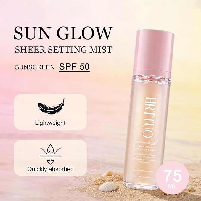 Sheer Setting Mist Sunscreen SPF 50, Makeup-Friendly Setting Mist with Hydrating Glow, Reef-Safe & Non-Greasy, Fast-Absorbing for Beach, Wedding, Travel (2pc)