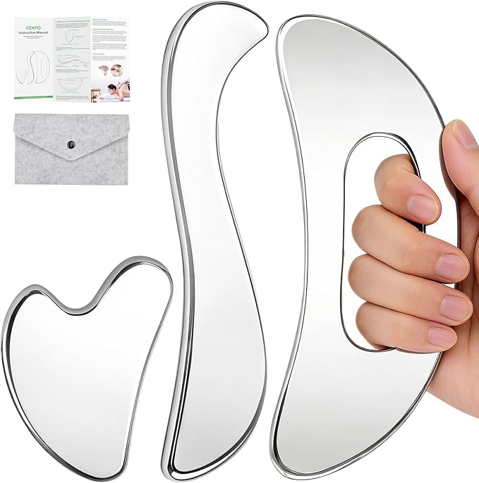 3-in-1 Stainless Steel Gua Sha Massage Tool Set, Muscle Scraper & IASTM Tools for Soft Tissue Mobilization, Myofascial Release, Body Skin Massage, Physical Therapy Sore Muscle Relief with Travel Pouch
