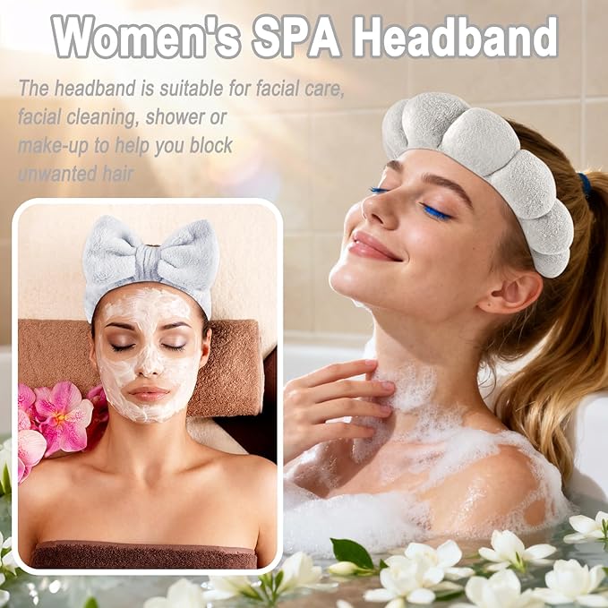 Zkptops 6Pcs Spa Headband for Washing Face Wristbands Set Women Bubble Makeup Sponge Terry Cloth Padded Puffy Skincare Headband Bow Tie Hairband Cute Non Slip Thick Hair Accessory Gifts (Grey)