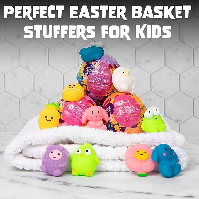 Easter Bath Bombs for Kids with Surprise Squishy Toys Inside (1 Pack) - Easter Basket Stuffers and Essentials - Releases Bubbles & Colors, Moisturizing, Large Bath Bomb for Girls & Boys by Two Sisters