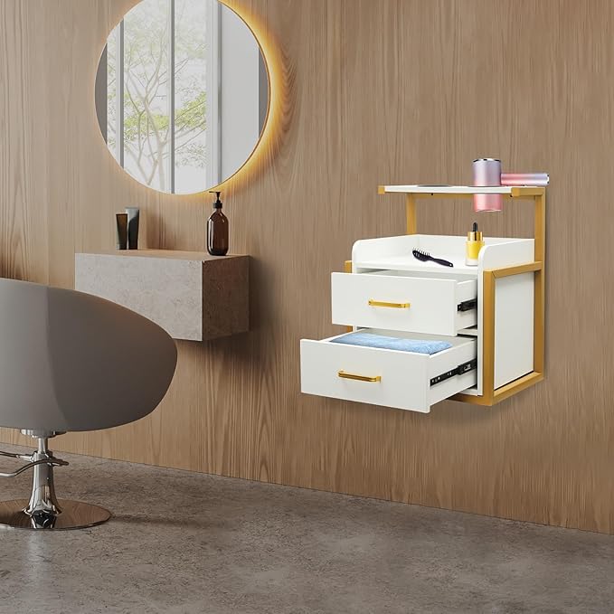 Salon Cabinet, Salon Storage Organizer with 2 Drawers, 110.23Lbs Load Capacity Salon Wall Cabinet, Hanging Styling Station Equipment for Spa, Barber Store, Locker Room, Bathroom (Gold＋White)