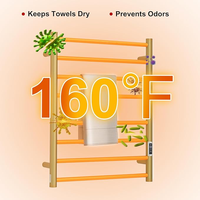 Heated Towel Racks for Bathroom, Wall Mounted Electric Towel Warmer Racks with Timer & Temperature Control, Stainless Steel Towel Heater for Bathroom (Round-Gold, 8 Bars)