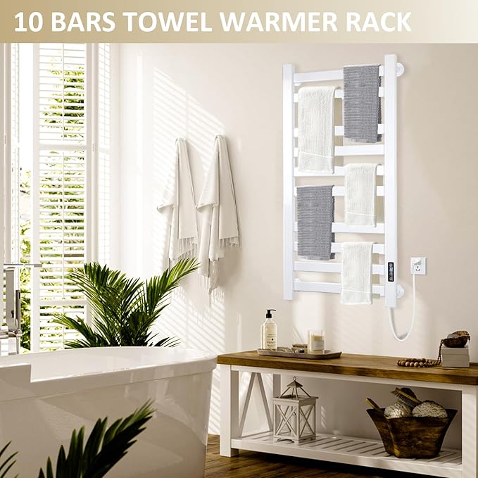 Heated Towel Rack for Bathroom Towel Warmer Racks Wall Mounted with Timer & Temperature Multi-Level Adjustments with 10 Bars for Bathroom Shower Hot Tub Spa(White)