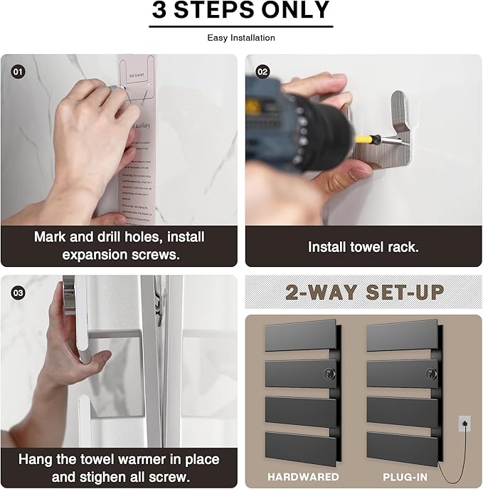 K&KALONZO Electric Towel Warmer, 18.35" W x 31" H Wall-Mounted Towel Heater with Built-in Timer, Waterproof Aluminum Towel Warmer for Bathroom, Support Plug-in and Hardwired, Black, K4-R-B-N