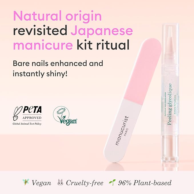 Japanese Manicure Kit Made Easy By Manucurist- Natural & Simplified - Glycolic Exfoliating Peel & Nail Buffer Block - Japanese Manicure Nail Kit for Women - For Natural Shiny Nails Without Polish