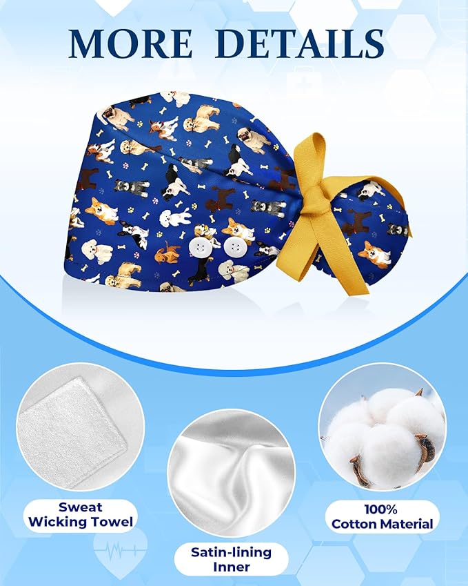 Plifal 100% Cotton Scrub Cap with Buttons-Nurse Cap with Sweatband for Women, Adjustable Working Hat,Satin Lined or Unlined