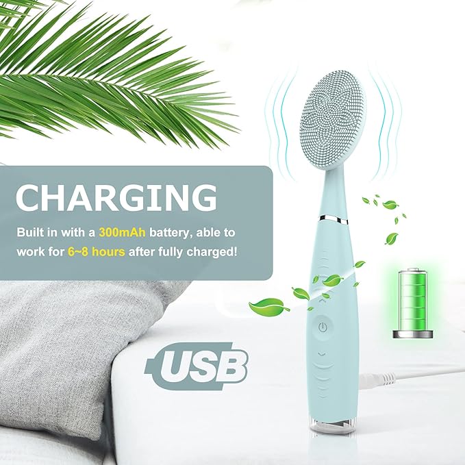 TUGOKU Sonic Facial Cleansing Brush Waterproof Scrub Face Brush for Men & Women Rechargeable Brushes Deep Cleansing Gentle Exfoliating Removing Blackhead Massaging (Blue) 7.4x1.4x0.8 Inch (Pack of 1)