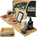 Temple Spring Foldable Bamboo Bathtub Tray Caddy for Tub — Expandable One-Piece Wood Bath Table with Wine Holder Book Stand and Non-Slip Pads — Space-Saving Bath Caddy — Housewarming