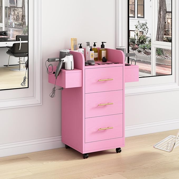 4ever2buy Rolling Salon Station for Hair Stylist, Salon Trolley Cart with with Wheels, Hair Stylist Beauty Barber Station, 6 Hair Dryer Holders & 3 Drawers, Pink and Gold
