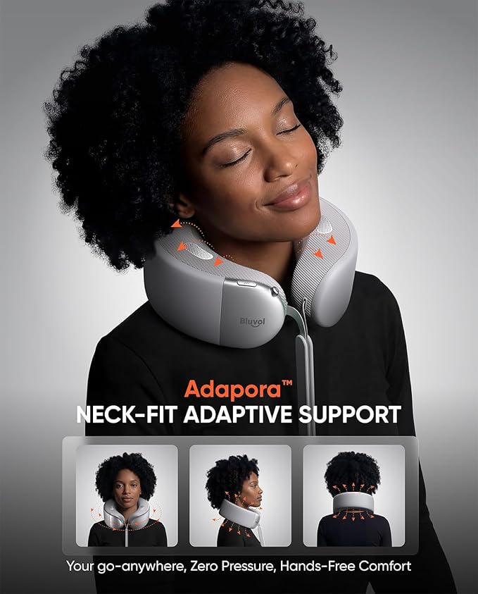 Bluvol Nest 10 Ultra Immersive Heated Neck Massager, Therapist-Style Deep Tissue Pain Relief, 360° Spatial Audio, Cordless Massager for TV Watching, Gaming, Office Work, Silver