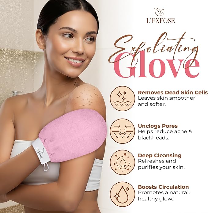 L'Exfose Kessa Hammam Deep Exfoliating Glove for Shower - Korean Exfoliating Mitt Body Scrubber Ideal for Dead Skin Remover, Keratosis Pilaris & Self-Tanning (Black & Pink)