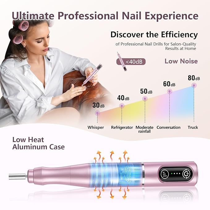 TUOBEO Cordless Nail Drill Electric Rechargeable File Kit, Professional Efile Acrylic Gel Nail Polish Remover Pedicure Manicure Machine Portable Set with 11 Bits 56 Sanding Bands for Salon Home Pink