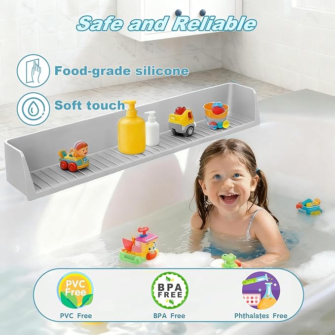 Bathtub Splash Guard for Kids,2.6 FT Silicone Bathtub Play Shelf with 11 Suction Cups, Bath Tub Ledge Shelf for Kids, Prevents Water Spills in Bathroom (Grey)