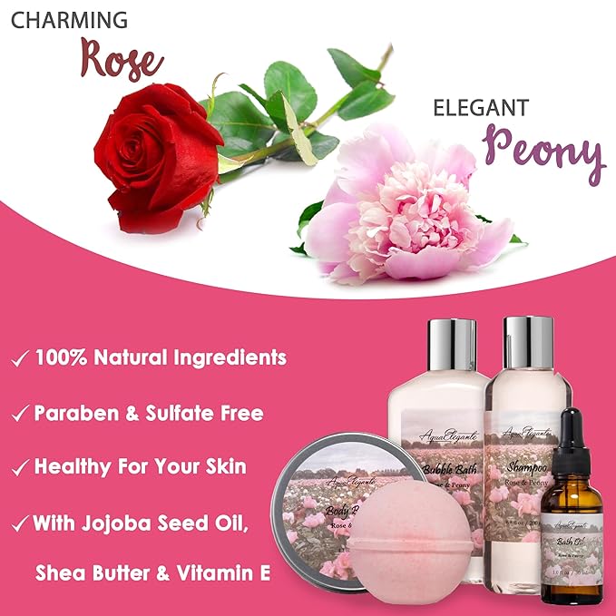 Aqua Elegante Bath Spa Gift Set - 15 Piece Premium Basket with Wash, Bubble Bath, Lotion, Salts, Body Scrub, Towel, Shower Puff, Bathbombs, Reusable Basket, Gifts for Women - Rose Oil & Peony