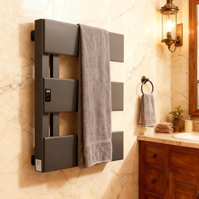 Verida Towel Warmer Rack, Support Hardwired and Plug-in, Wall-Mounted Electric Towel Heater, with Built-in Timer, Waterproof Aluminum Towel Warmer for Bathroom, LV-1S Gray