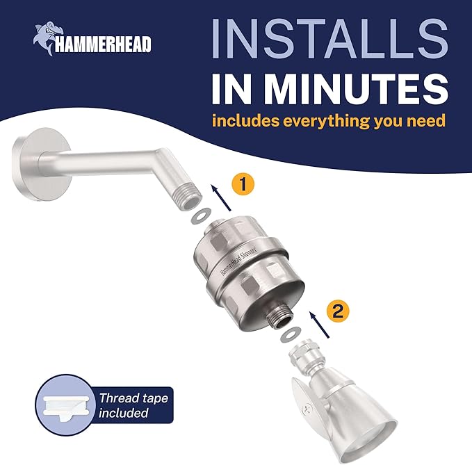 HammerHead Showers® Solid Metal Shower Head Filter – KDF 55 Shower Filter, High Pressure Universal Shower Filters to Remove Toxic Chemicals – Removes Chlorine and Heavy Metals – Brushed Nickel