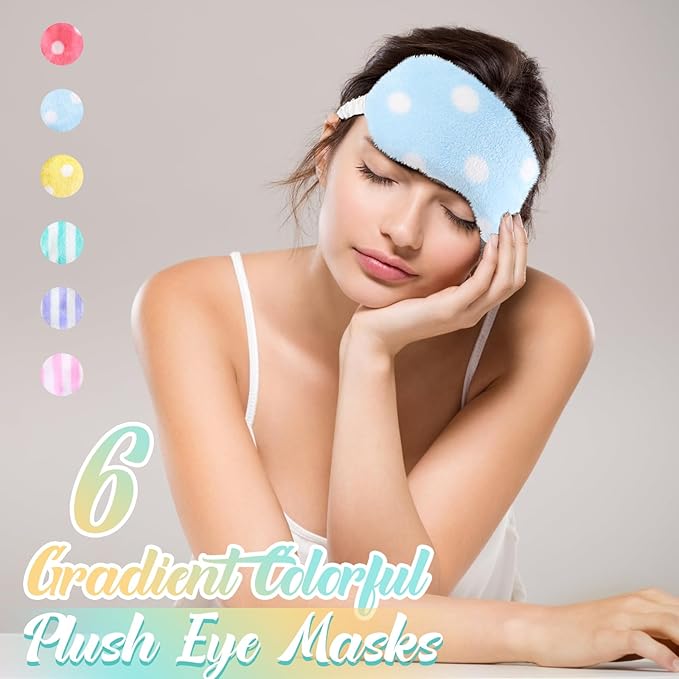 Cuffbow 6 Pack Plush Sleep Mask Set, Cute Plush Eye Masks for Sleeping, Soft Comfortable Travel Nap Blindfold, Sleepover Party Favors for Women(Lazy,Bright)