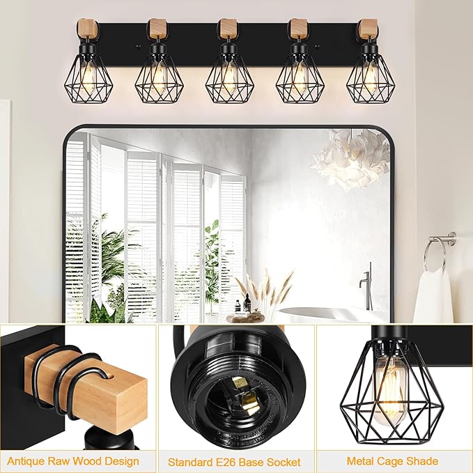 FadimiKoo 5-Light Farmhouse Wood Wall Sconces Lighting, Black Vanity Lights Over Mirror with Metal Cage Lampshade, Rustic Bathroom Wall Mounted Lamp for Mirror, Living Room, Bedroom, Hallway