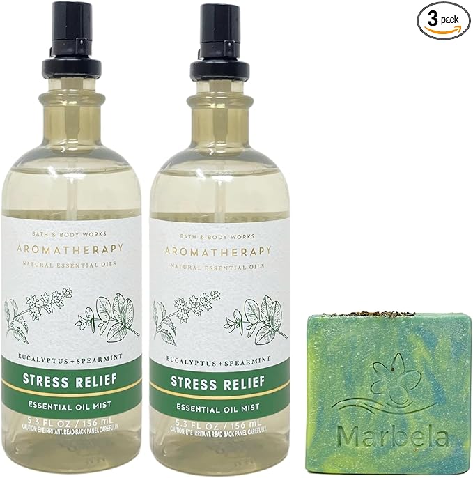 Bath & Body Works Aromatherapy Eucalyptus + Spearmint Stress Relief - 2 Pack of Essential Oil Mist with a Fresh Forest Bar Soap - Full Size