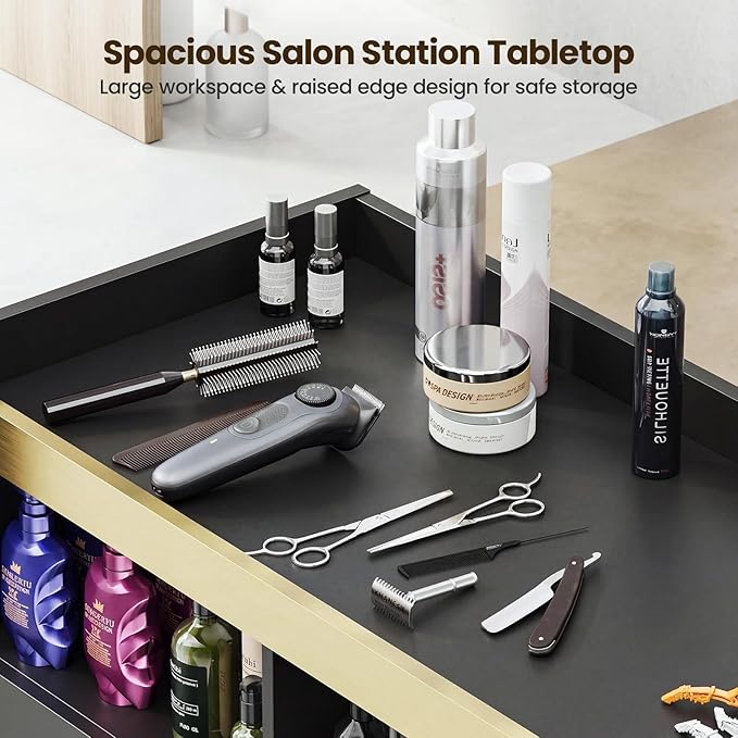 Salon Storage Cabinet Barber Station, Freestanding Hair Styling Station with 3 Drawers, 3 Hot Tool Holders & Open Shelves, Beauty Salon Spa Equipment