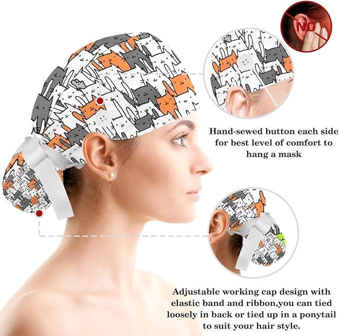 Ethnic Aztec Pattern Adjustable Scrub Cap Hat with Button, Working Hat Sweatband with Bow Hair Scrunchy for Woman