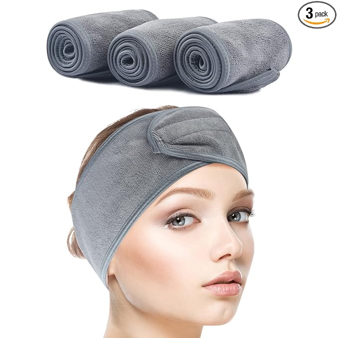 SINLAND Spa Headband for Women 3 Counts Ultra Soft Adjustable Makeup Hair Band with Magic Tape, Terry Cloth Stretch Head Wrap for Face Washing, Bath, Shower, Facial Mask, Yoga