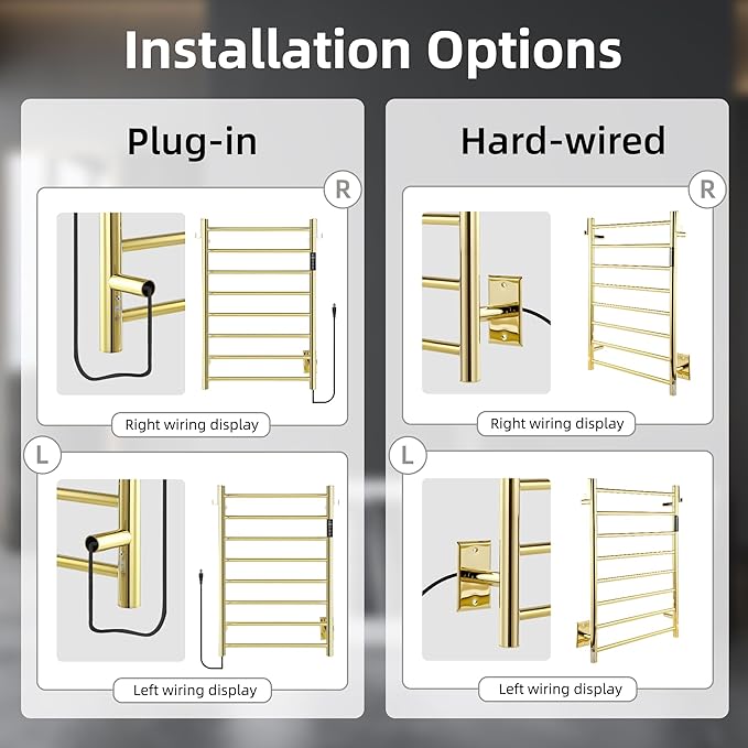P&Dlusir Towel Warmer, Heated Towel Rack with Smart Timer and Thermo Control, Wall-Mounted Heated Towel Rail, Stainless Steel, Hard-Wired/Plug-in, Polished Gold, 8 bar