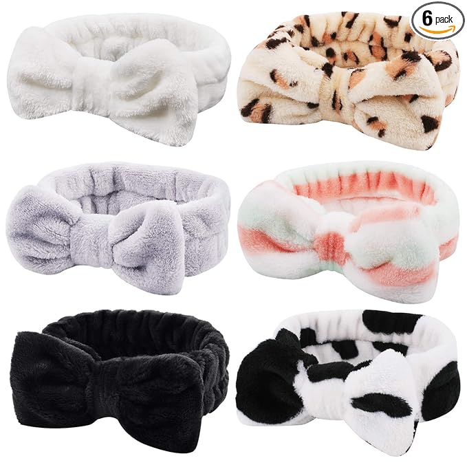 Casoty 6 Pcs Skincare Headband Bow Hair Band Spa Headband for Women Soft Coral Fleece Headbands for Washing Face Terry Cloth Head Band Makeup Head Band Face Wash Headbands