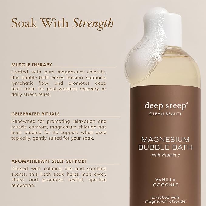 Deep Steep Magnesium Bubble Bath, 15.6 oz – Foaming Soak with Magnesium, Coconut Oil, Aloe, Vitamin C, Shea Butter & Argan Oil – Vegan, Clean Beauty for Stress & Sleep (Vanilla Coconut)