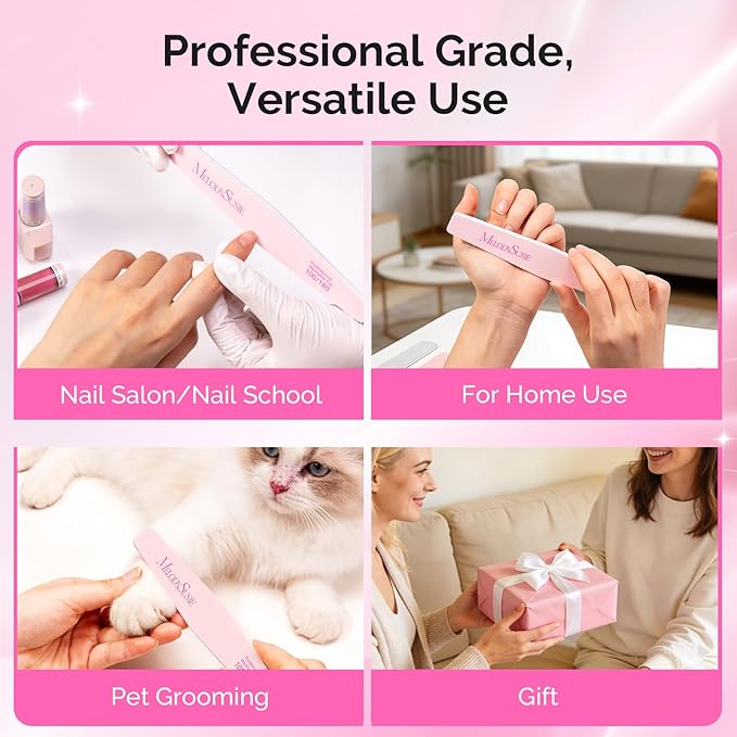 MelodySusie Nail File Kit, 10Pcs Double Sided 100/180 Grit Mixed-Shapee Emery Boards for Nails, Professional Manicure Pedicure Supplies for Home and Salon Use, Mothers Day Gifts, Pink