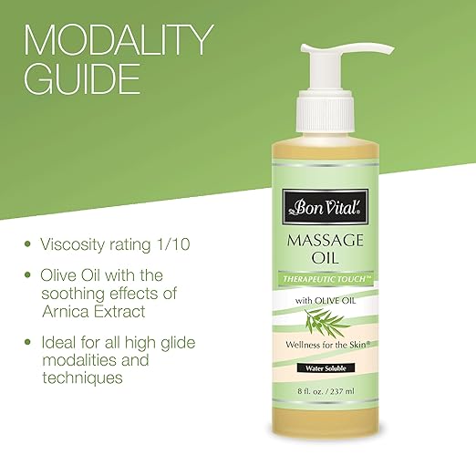 Bon Vital' Therapeutic Touch Massage Oil, 8oz Pump, Unscented Massage Oil for Massage Therapy With Olive Oil, Lightweight Non-Greasy Formula, Professional-Grade for Dry Skin and Sore Muscles