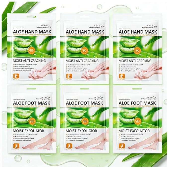 Aloe Vera Hand & Foot Mask Set (6 Packs: 3 Hand + 3 Foot) - Moisturizing Anti-Cracking for Dry Cracked Hands, Exfoliating Hydrating for Rough Feet, Spa-Grade for Women & Men