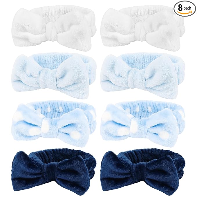 8 Pack Spa Headband for Washing Face Stocking Stuffers Skincare Headbands Bulk for Women Girls Soft Coral Fleece Hairband Cute Bow Headbands for Washing Face Makeup