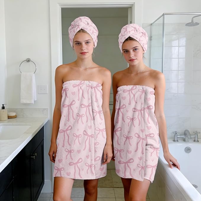 Absorbent Bath Towel Wrap Set for Women, Pink Bowknot Print Towel Wrap After Shower, Microfiber Shower Robe Body Towel Wraps for Women, Quick Dry Hair Towels Wraps for Spa Hotel Beach Girl