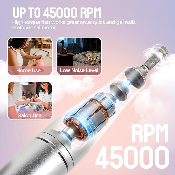 Droyek Electric Nail Drill Portable Nail Drill Professional 45000 RPM 6 Salon Quality Drill bits 6 Sanding Bands Portable & Low Noise for Acrylic Nails Gel Polishing Removing Bits Kit for Home Use